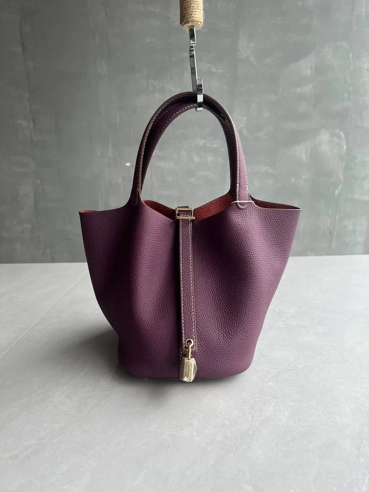 Elegant Premium Cowhide Leather Handheld Basket Bag for Women