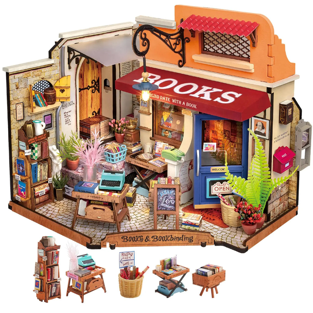 Robotime Rolife Miniature Corner Bookstore DIY Kit with LED Lights