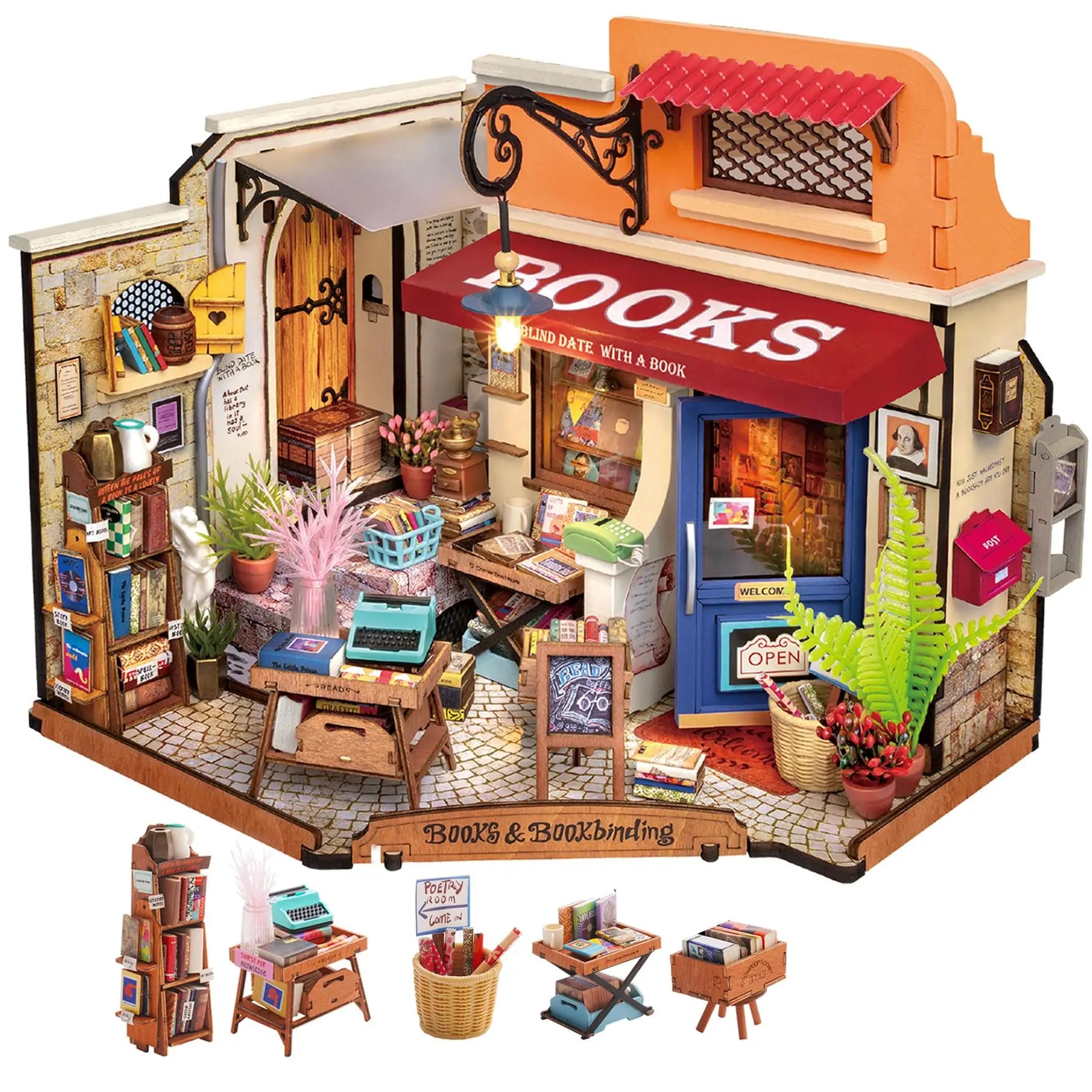 Robotime Rolife Miniature Corner Bookstore DIY Kit with LED Lights