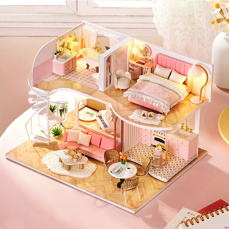 3D Wooden Mini Dollhouse Kit - DIY Duplex Apartment with Furniture
