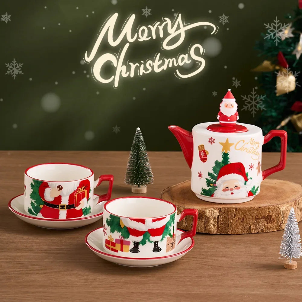 Elegant Christmas Ceramic Teapot Set with Gold Plated Accents