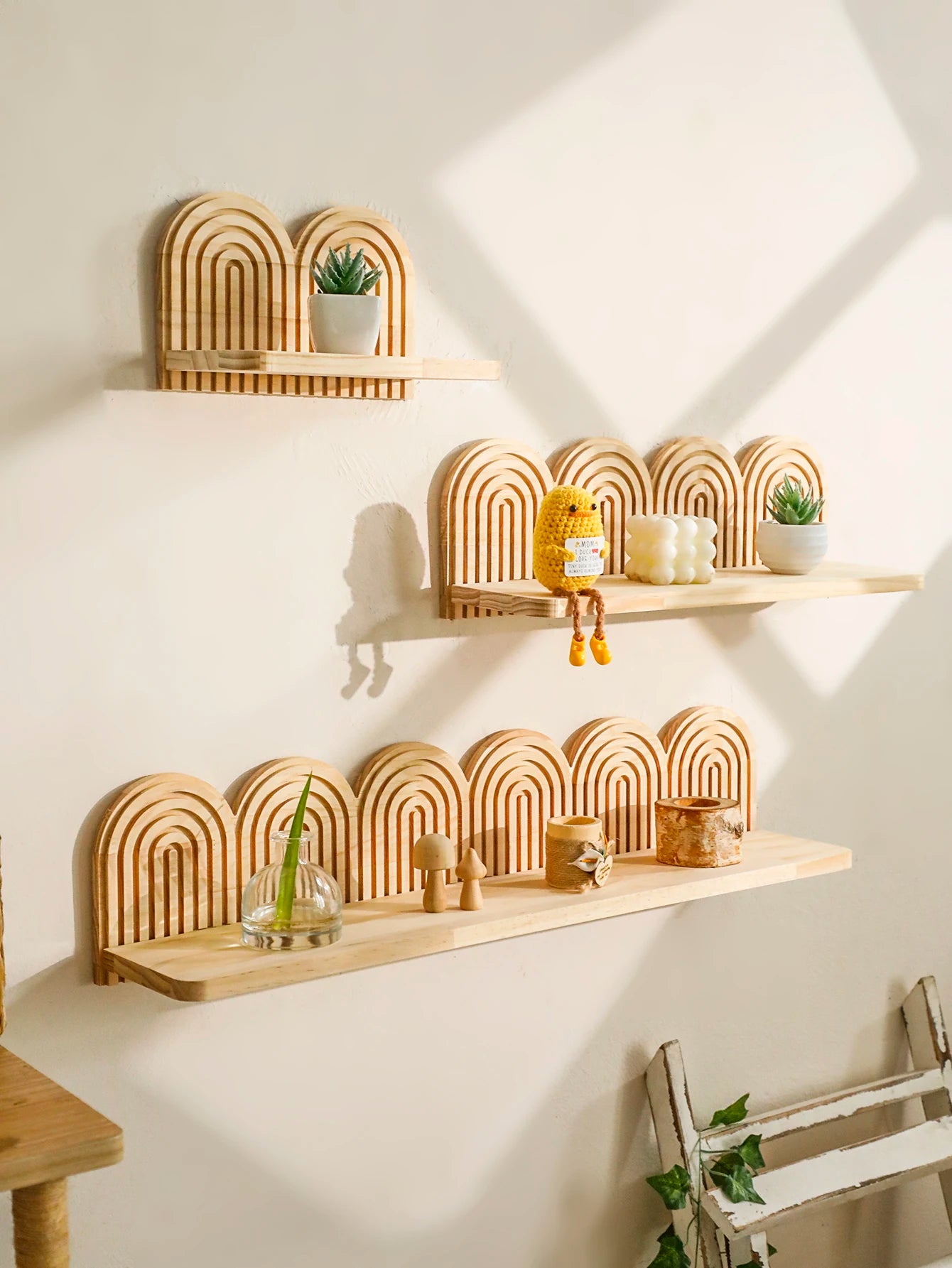 Boho Rainbow Arched Floating Wall Shelves - Rustic Wooden Decor