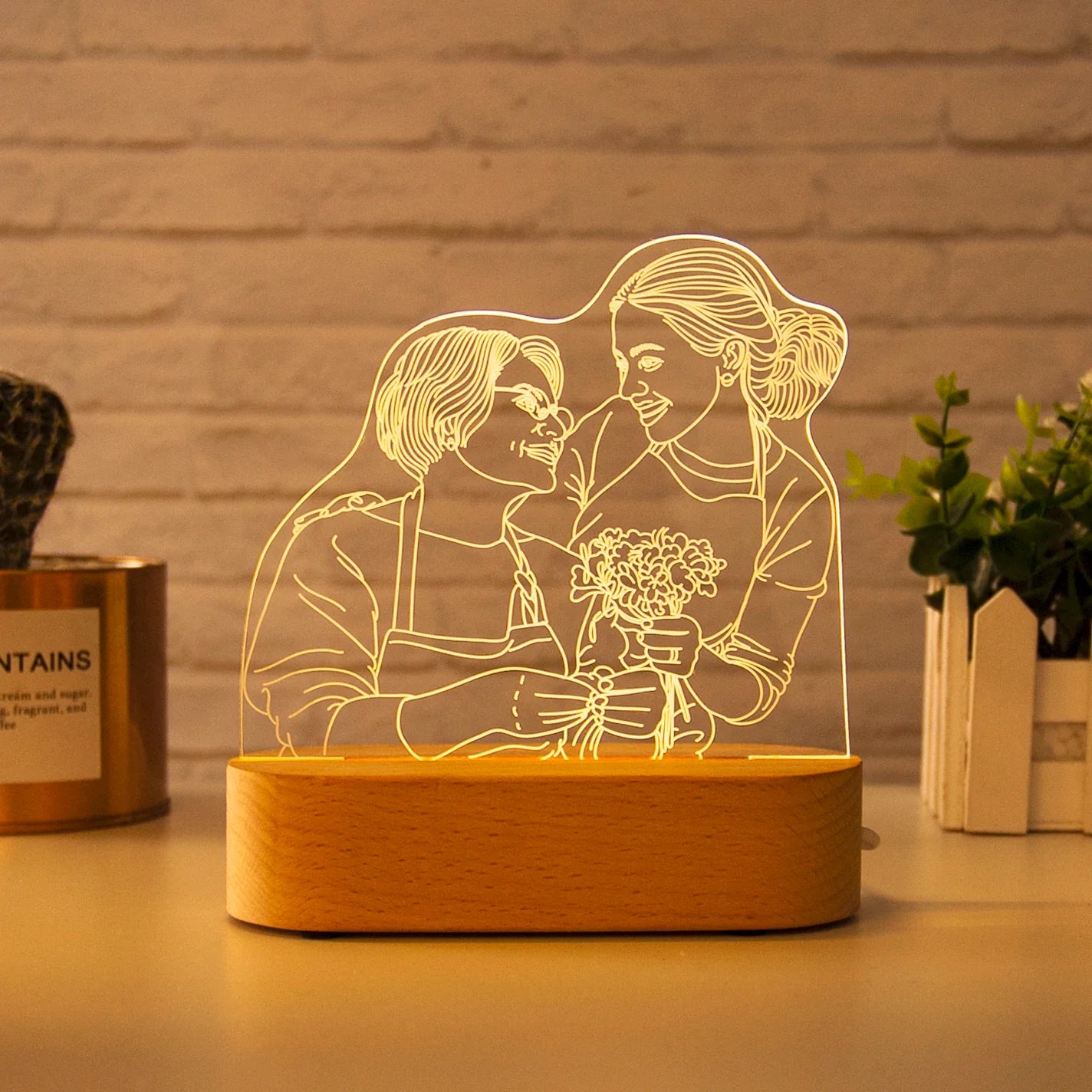 Customizable 3D Photo Lamp with Elegant Wooden Base - Personalized Gift