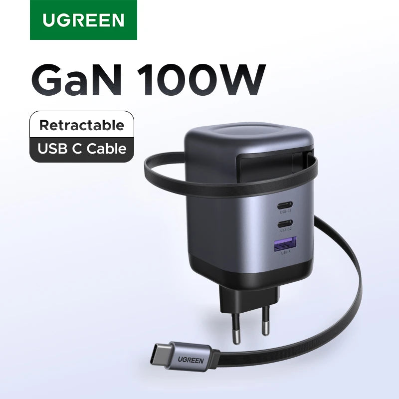 UGREEN 100W GaN Fast Charger with Retractable Cable for All Devices