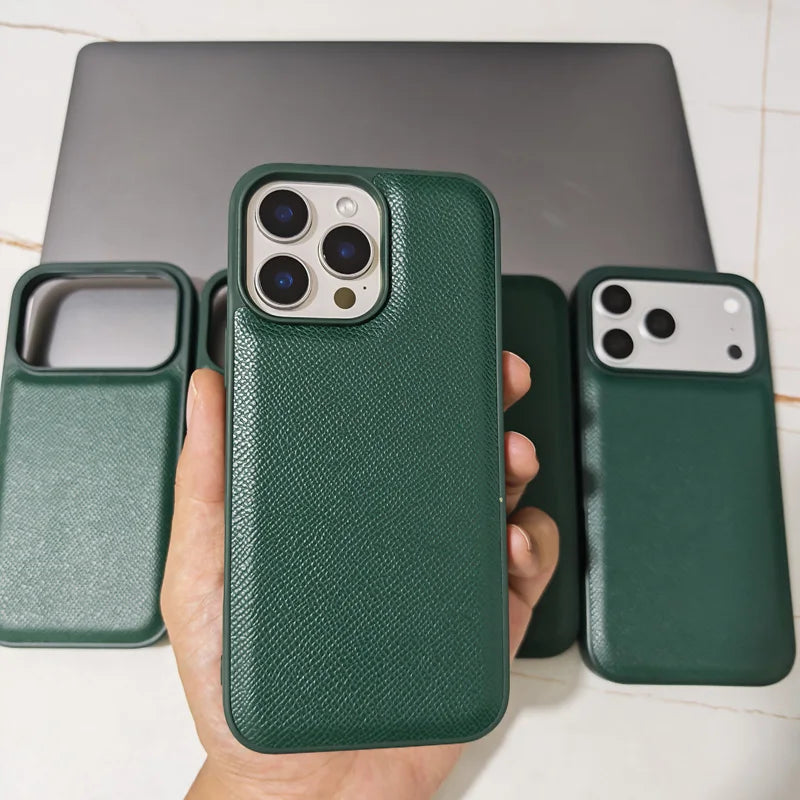 Elegant Forest Green Epsom Leather Phone Case for iPhone 17/16/15/14/13 Pro Max