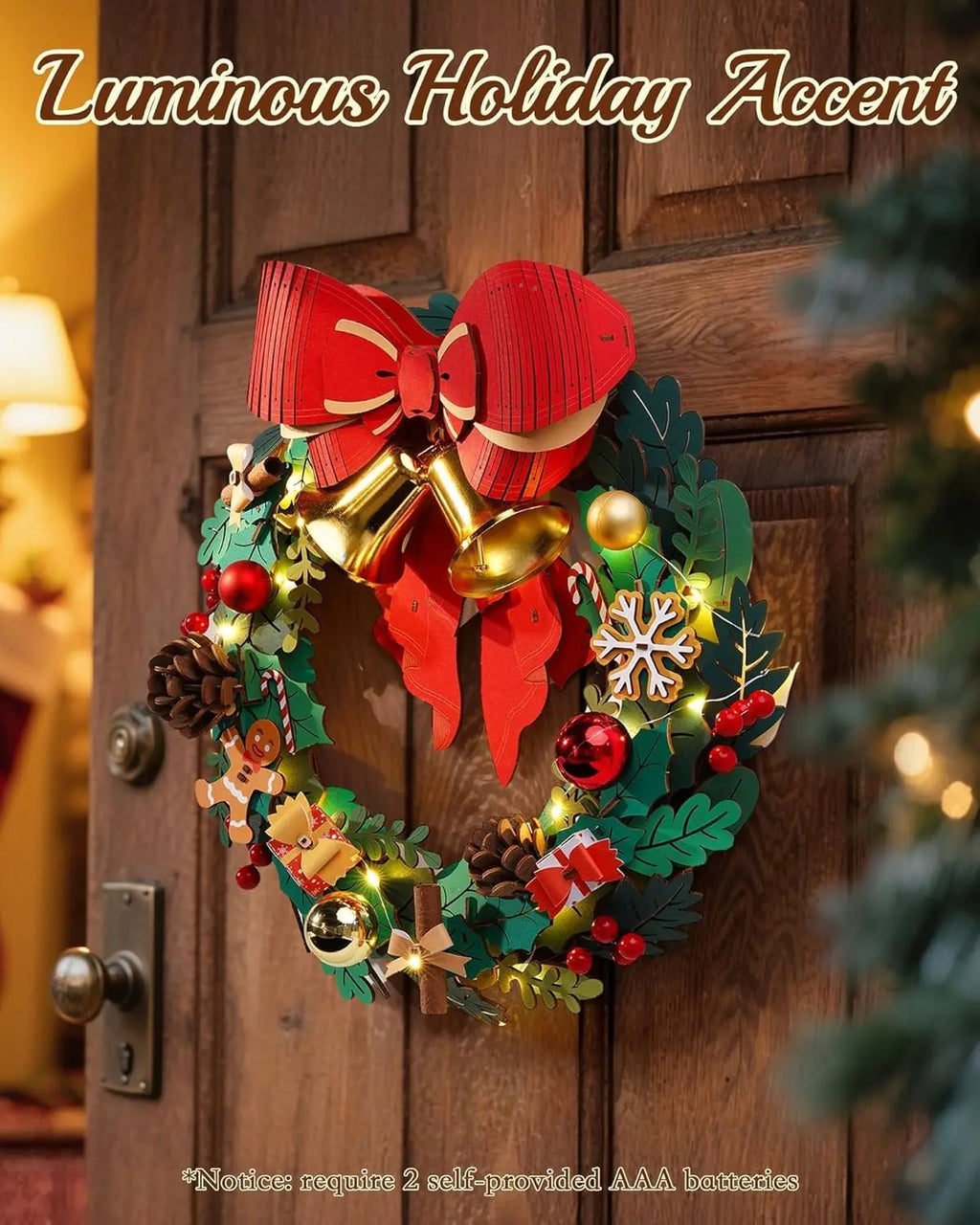 DIY 16-Inch Wooden Christmas Wreath with LED Lights & Red Bow