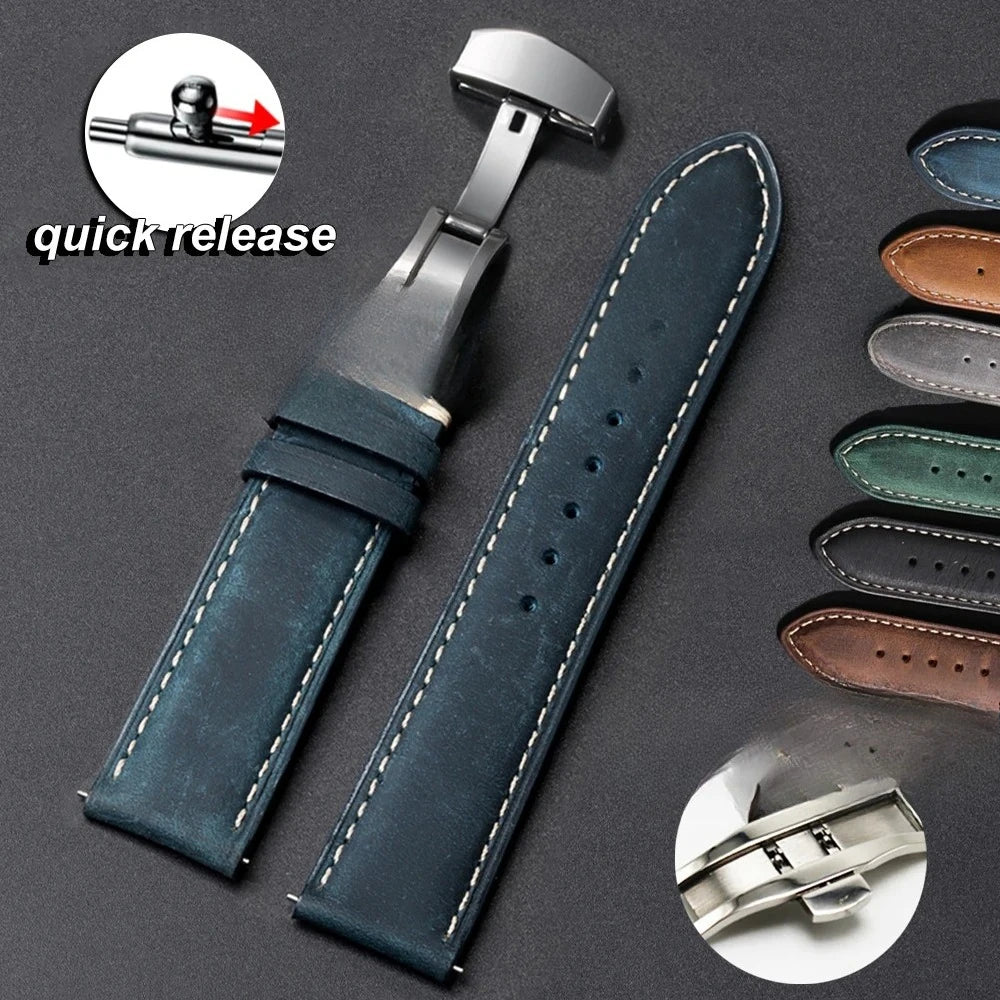 Genuine Leather Watch Band with Butterfly Buckle - 18/20/22mm Options