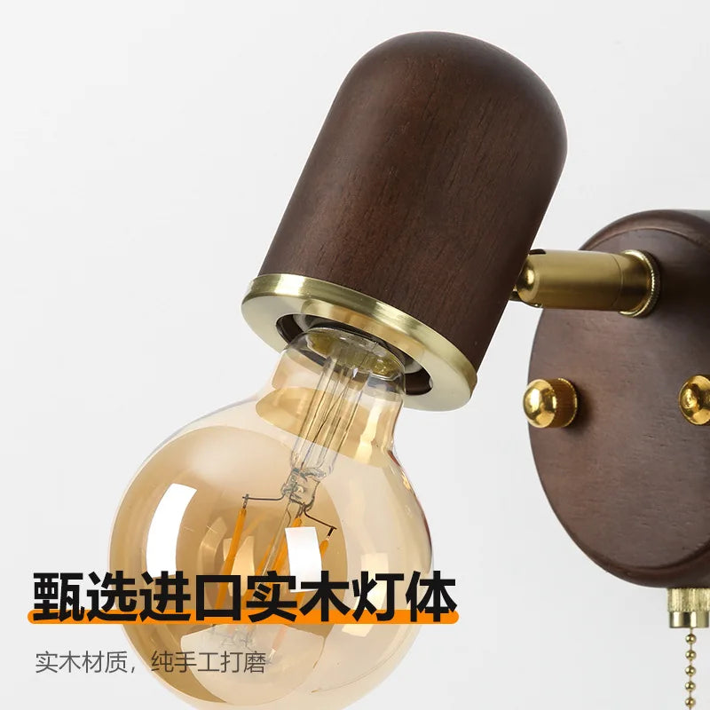 Stylish Retro Walnut LED Wall Lamp with Switch for Bedrooms & Aisles
