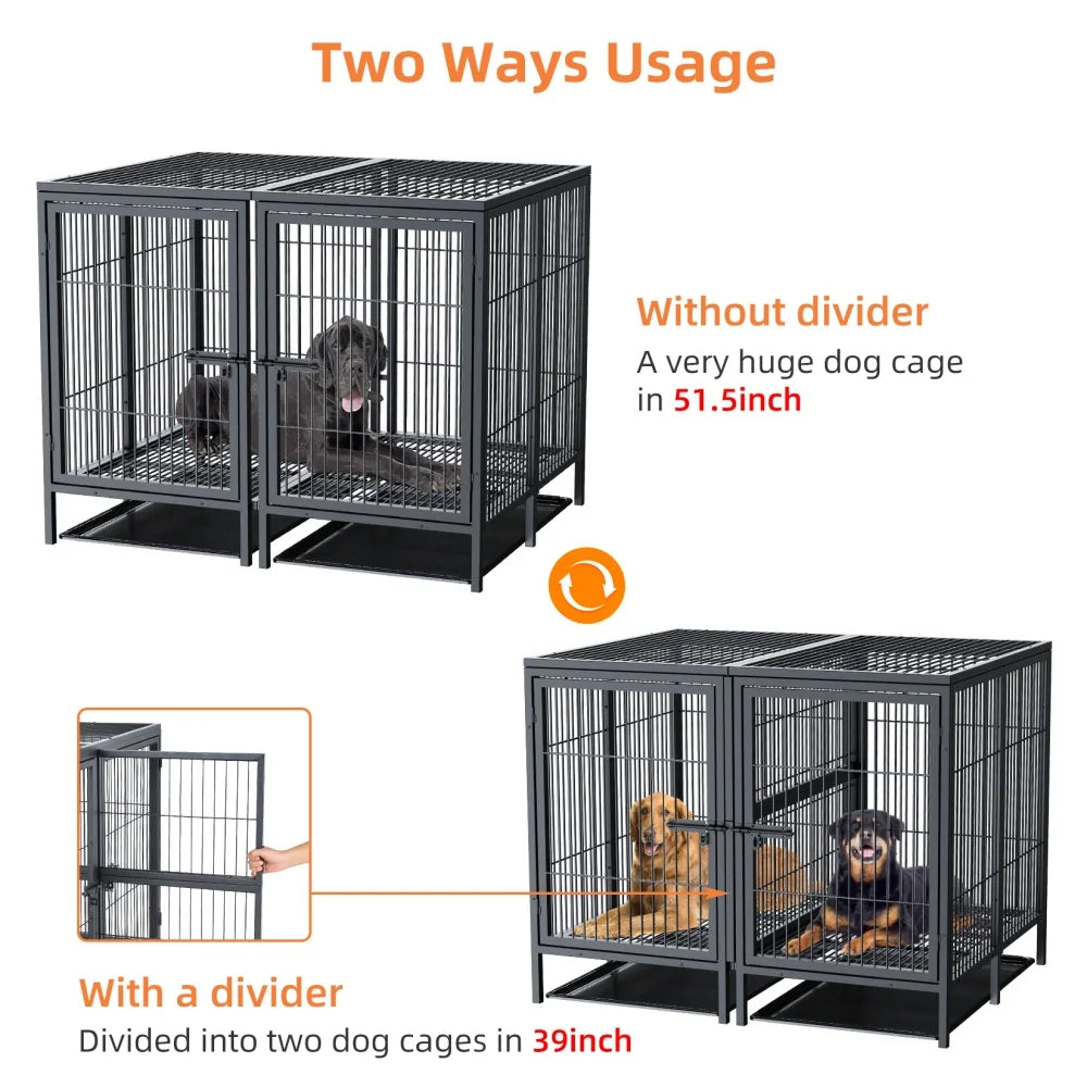 Heavy Duty Large Dog Crate with Removable Divider & Easy Clean Trays