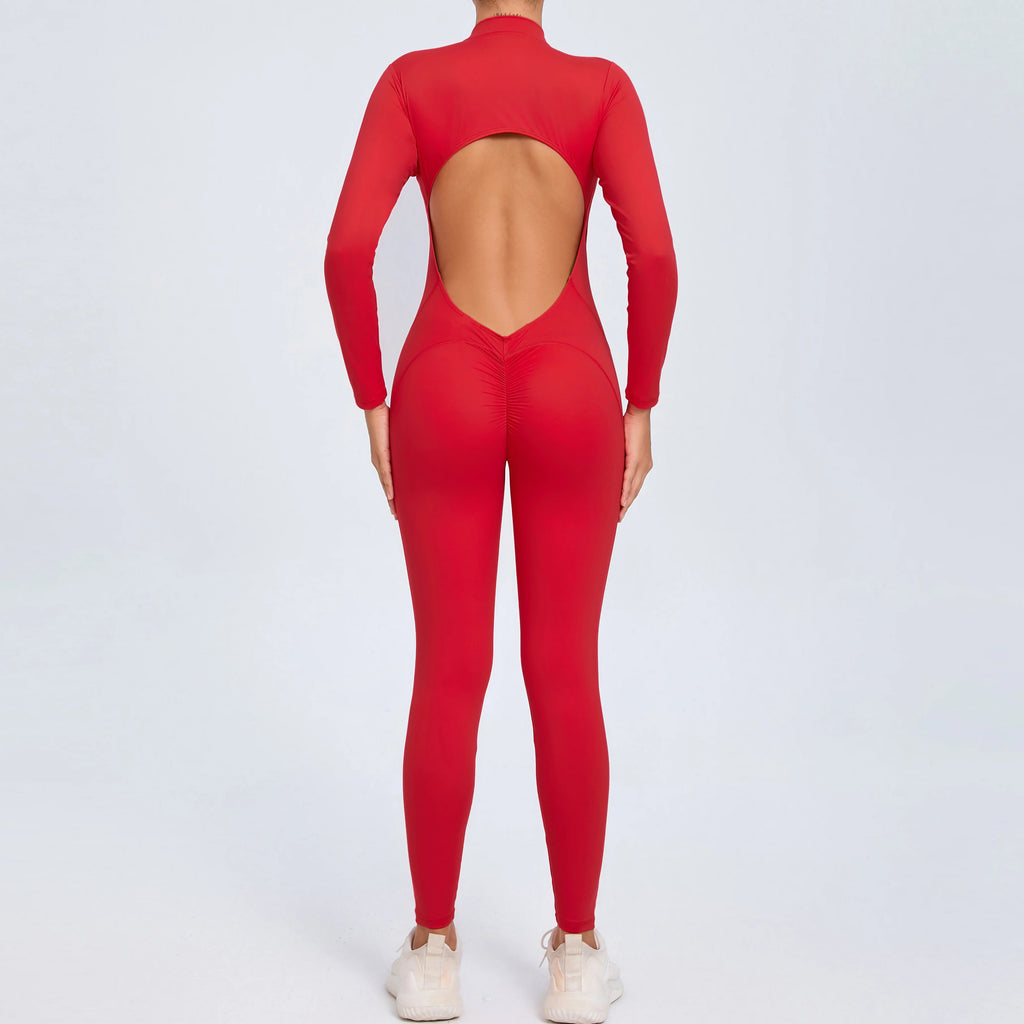 Stylish Women's Yoga Jumpsuit - Long Sleeve & Backless Design