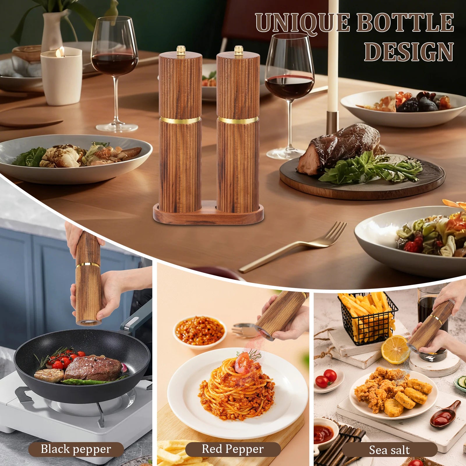 Wooden Salt and Pepper Grinder Set with Adjustable Coarseness