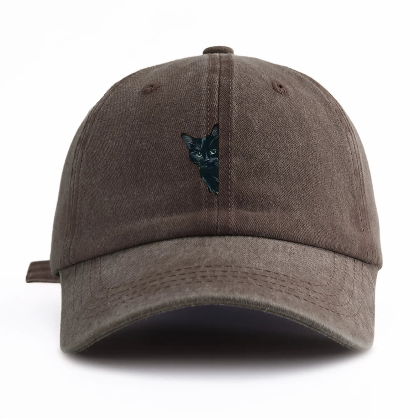 Black Cat Print Washed Baseball Cap - Casual Adjustable Dad Hat