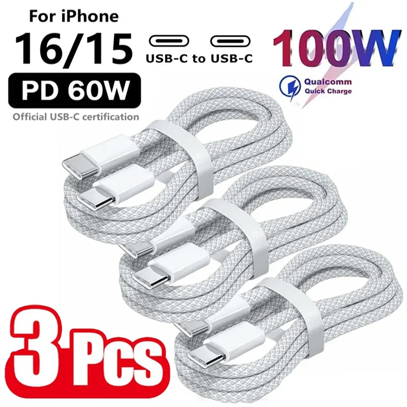 3-Pack USB C Fast Charging Cable - 100W for iPhone, Samsung, Xiaomi