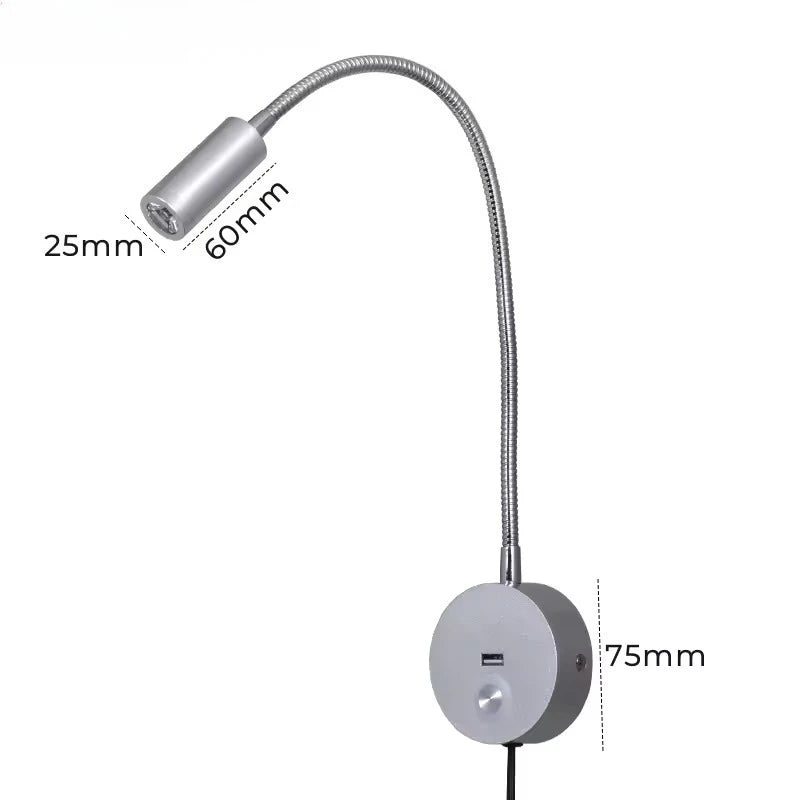 Dimmable LED Bedside Wall Lamp with USB Port - Flexible Gooseneck
