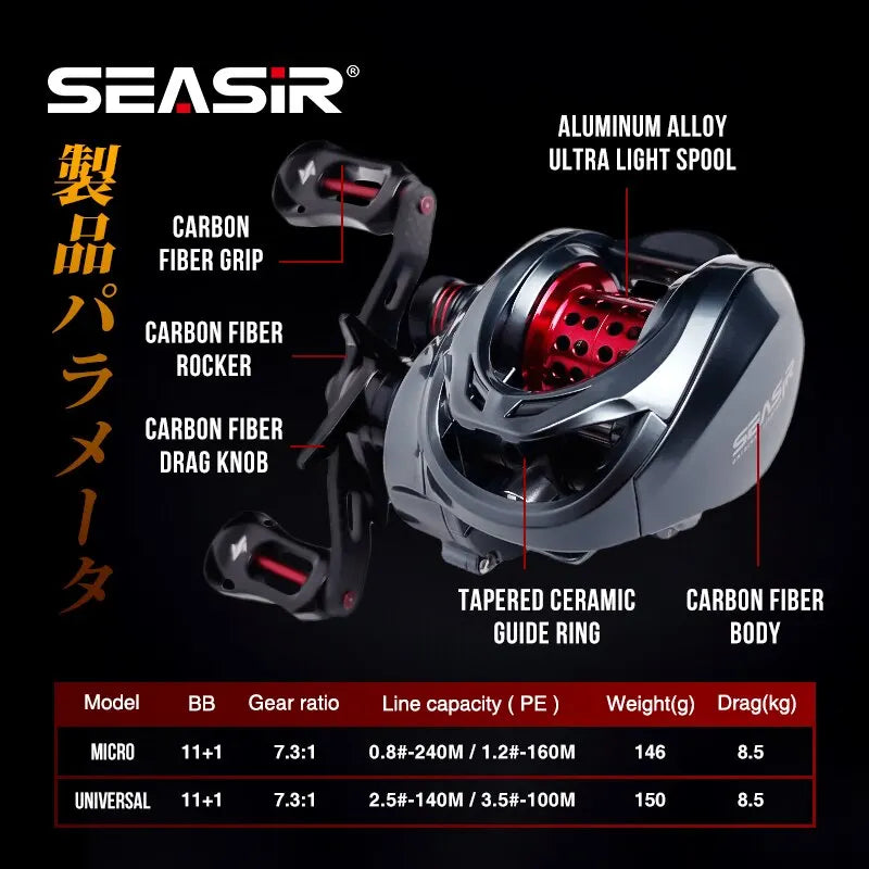 SeaSir Ultralight Baitcasting Fishing Reel - 146g Carbon, 7.3:1 Ratio