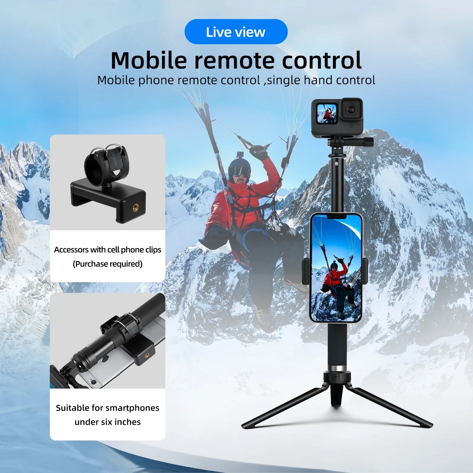 TELESIN 360° Selfie Stick Tripod for Action Cameras & Smartphones
