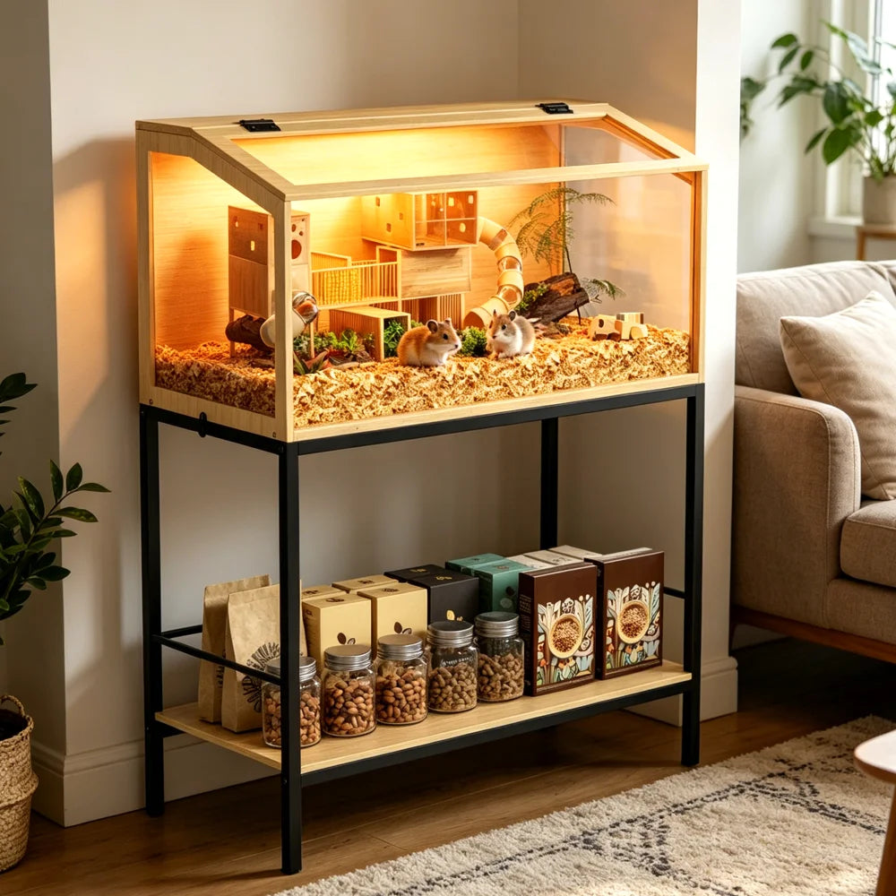 Large Elevated Wooden Hamster Cage with LED Light & Storage Shelf