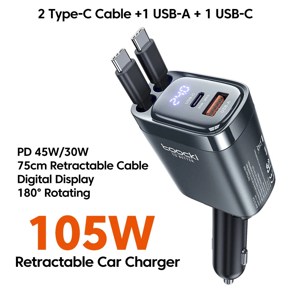 Toocki 105W 4-in-1 Retractable Car Charger with Type-C Cable