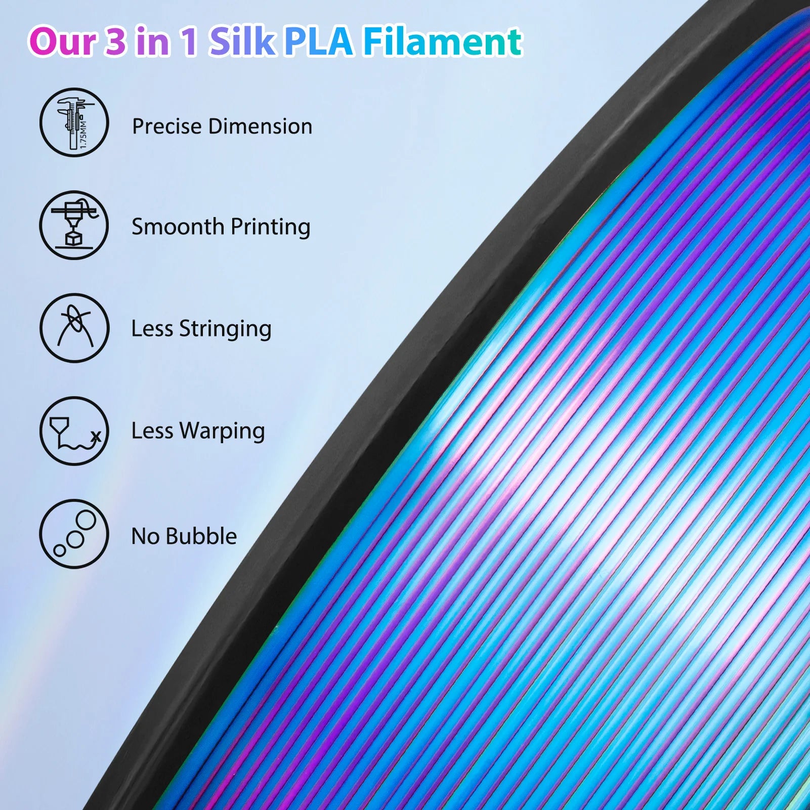 Tricolor Silk PLA 3D Printer Filament - 1.75mm Multicolor 250g
