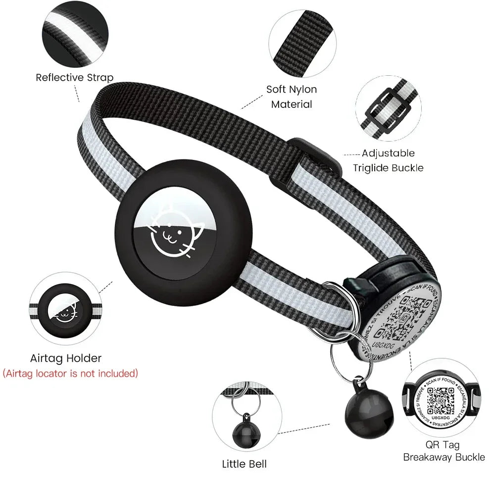 Reflective GPS Tracker Cat Collar with QR Tag & AirTag Holder