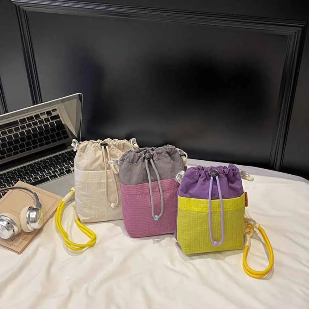 Portable Nylon Drawstring Bucket Bag with Shoulder Strap