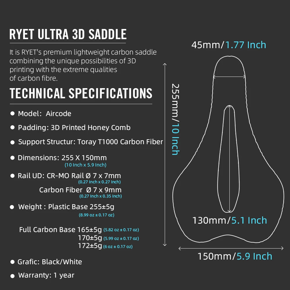 RYET Ultralight 3D Printed Bike Saddle - Comfortable & Breathable