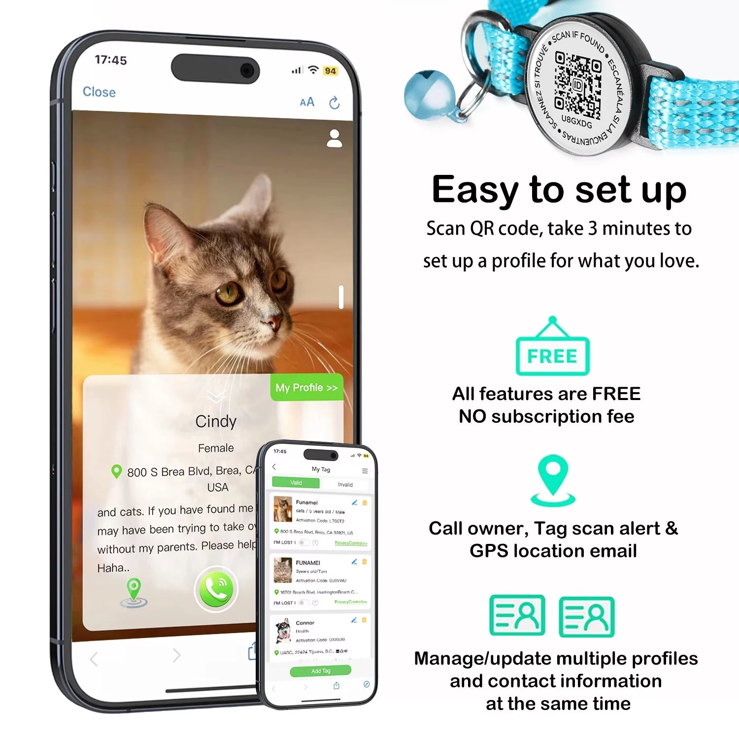 Reflective Cat GPS Collar with QR Code & AirTag Holder - Breakaway Design