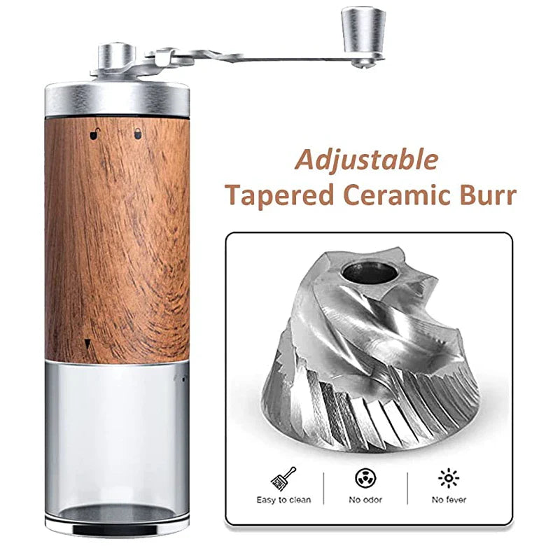Portable Hand Crank Coffee Grinder - Stylish Stainless Steel & Wood Design