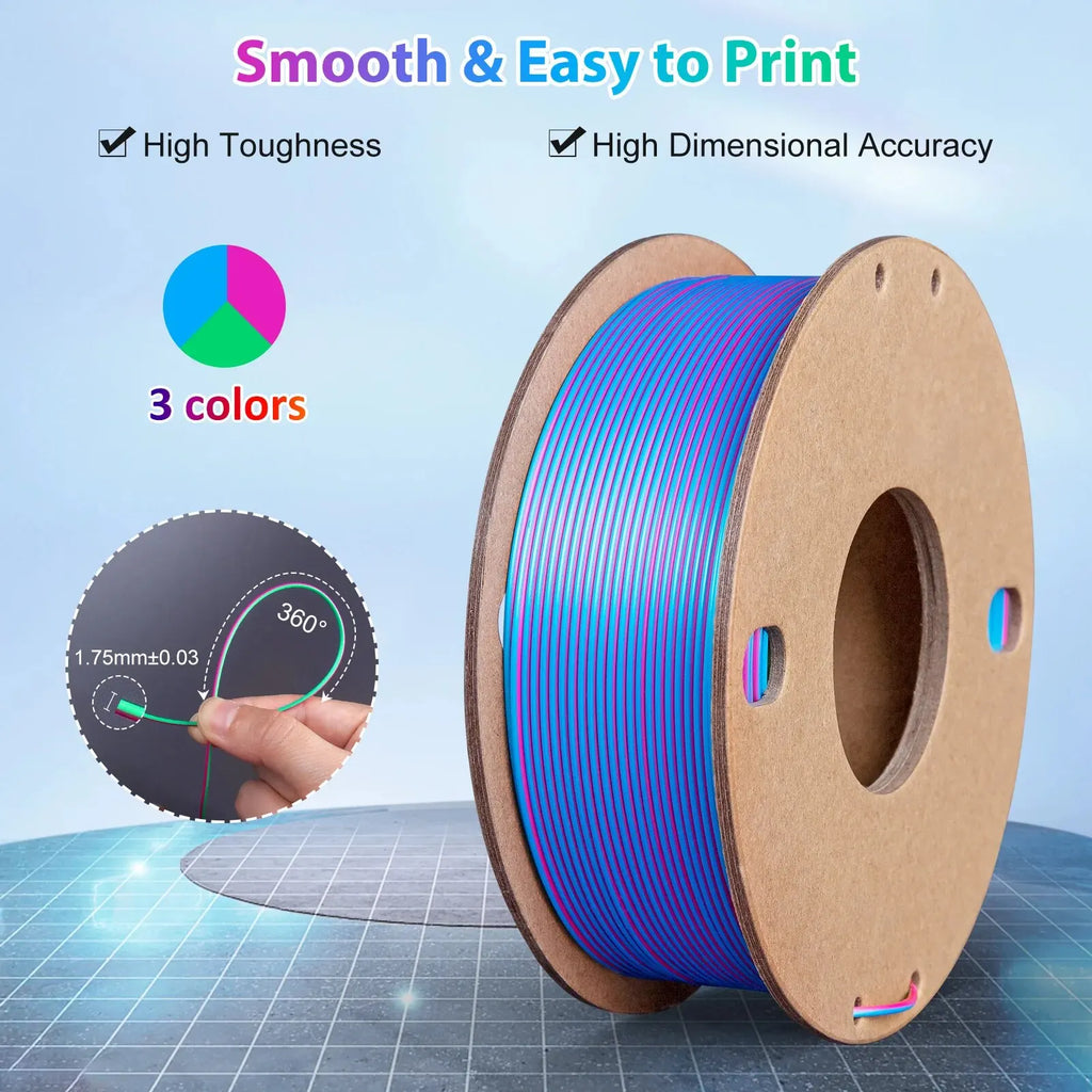 Silk PLA 3D Printer Filament - Triple Color 1.75mm Pack of 250g