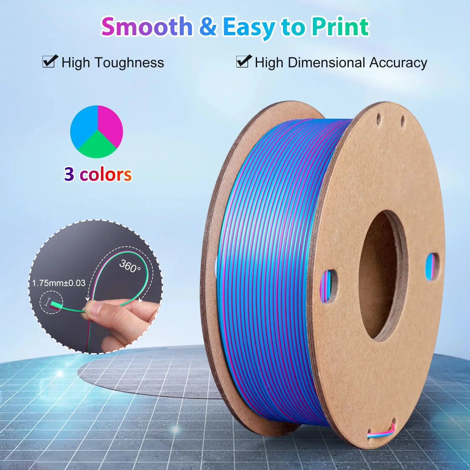 Silk PLA 3D Printer Filament - Triple Color 1.75mm Pack of 250g