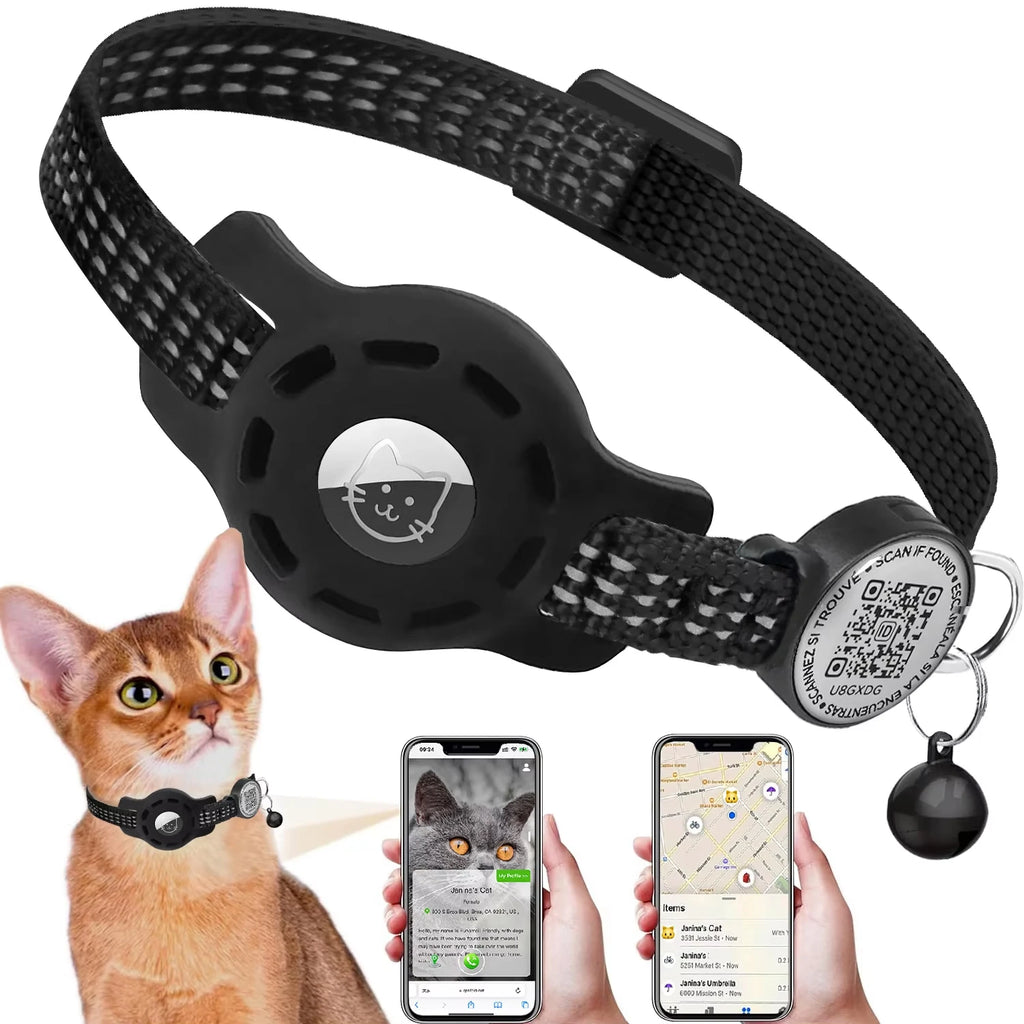 Reflective Cat GPS Collar with QR Code & AirTag Holder - Breakaway Design