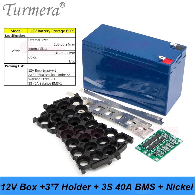 Turmera 12V Battery Storage Box for 18650 Lithium Cells - 3S BMS