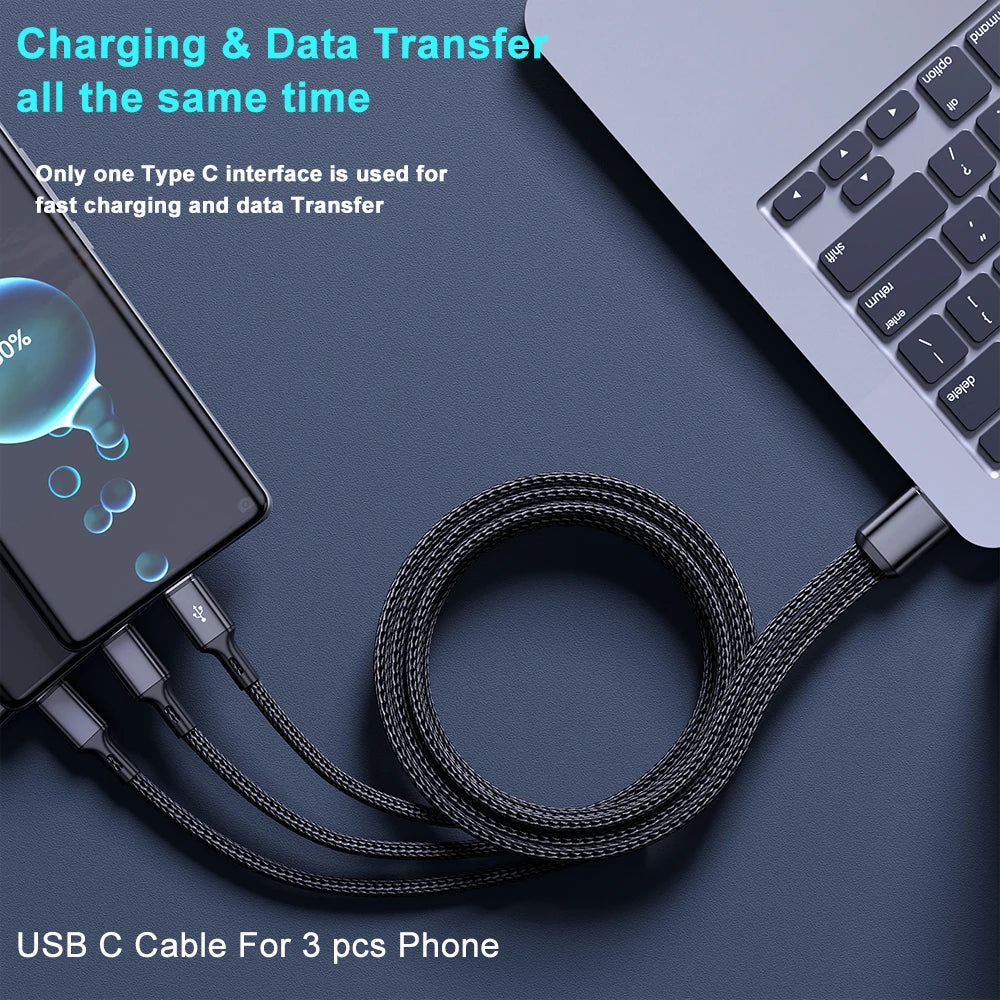 3-in-1 USB-C 100W Fast Charging Data Cable for Samsung & Xiaomi