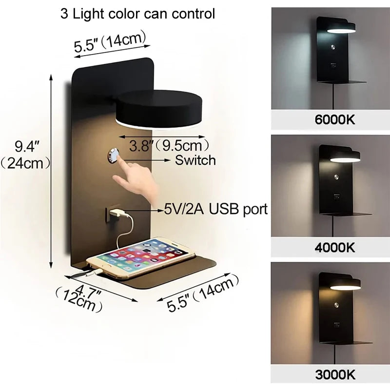 Modern 9W LED Wall Lamp with Touch Switch & USB Charging Port