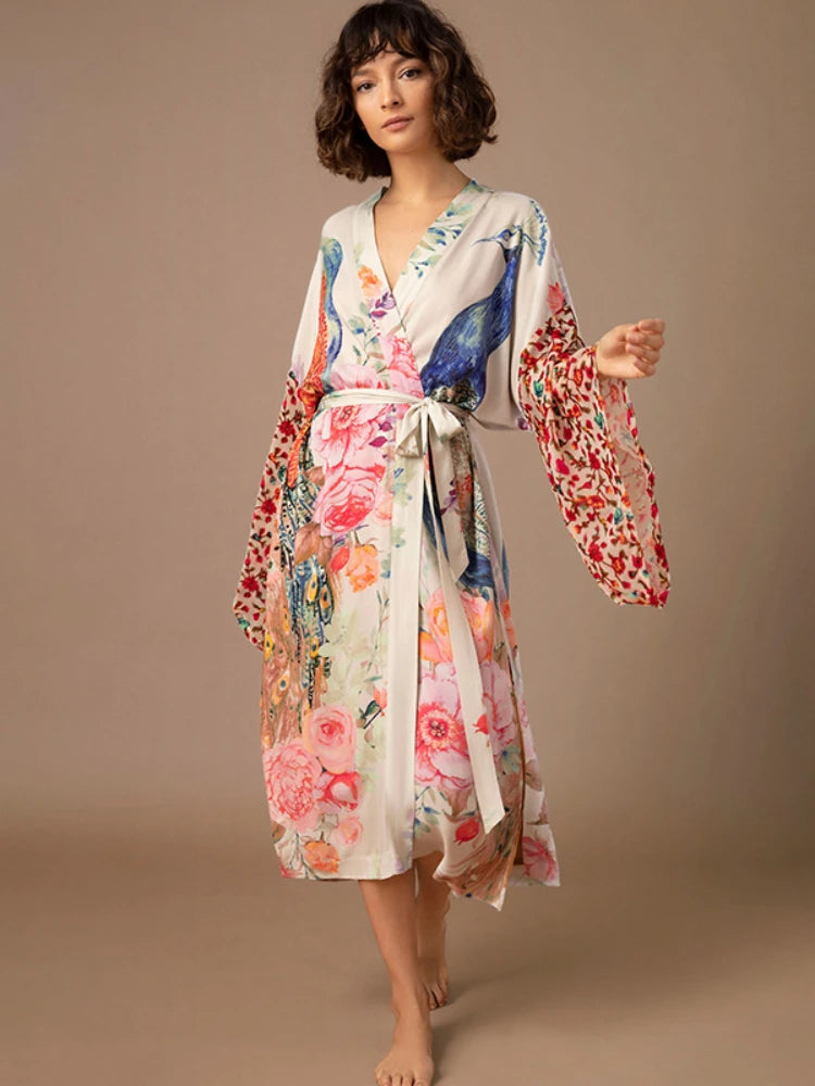 Stylish Peacock Printed Beach Kimono - Women's Swimsuit Cover Up