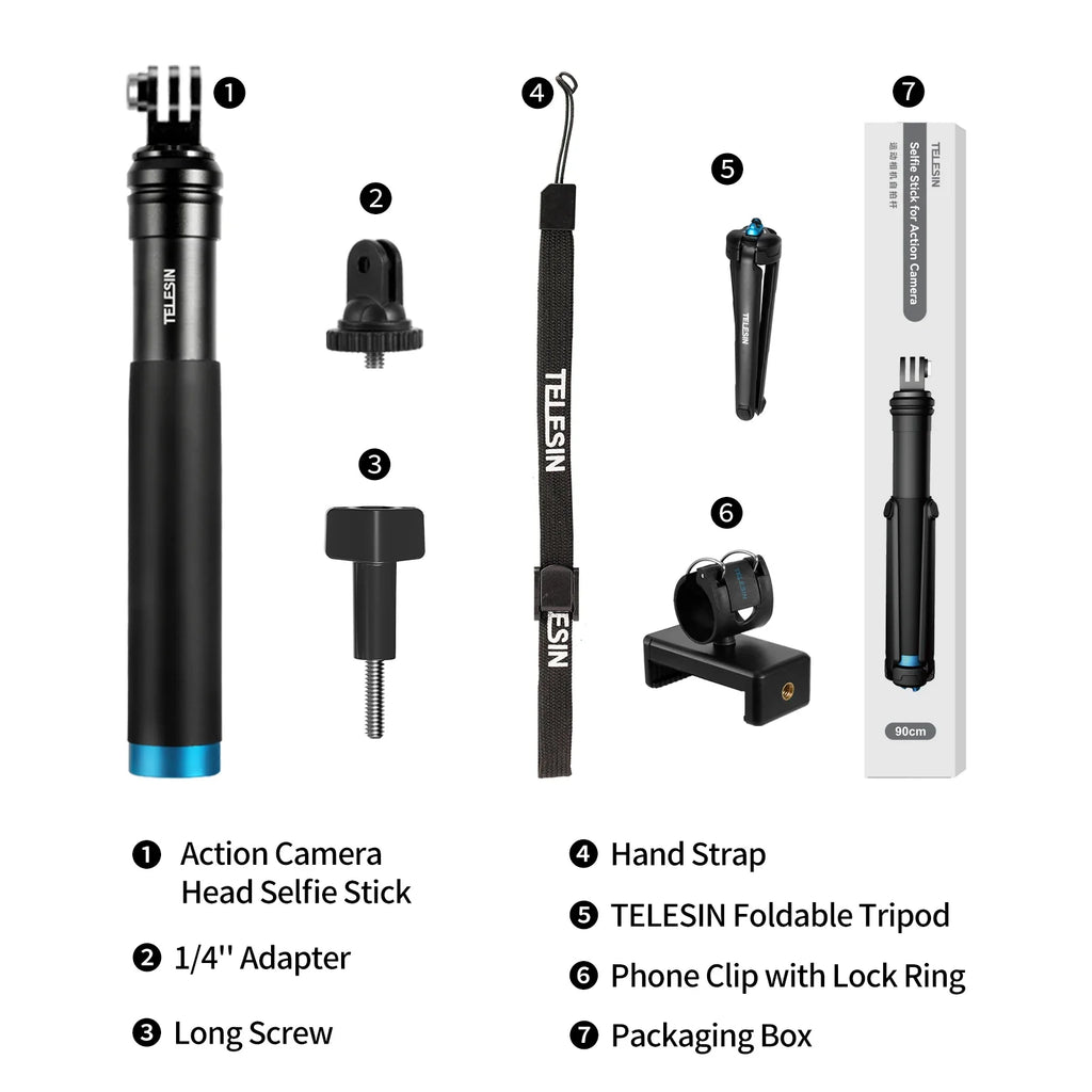 TELESIN 360° Selfie Stick Tripod for Action Cameras & Smartphones