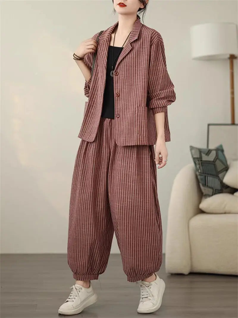 Stylish Women's Cotton Linen Stripe Suit Set - Casual Wide Leg Pants