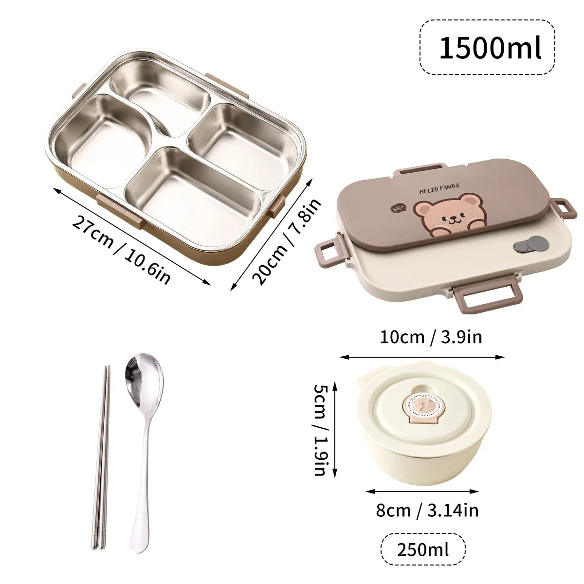 WORTHBUY Portable 4-Grid Stainless Steel Lunch Box with Utensils