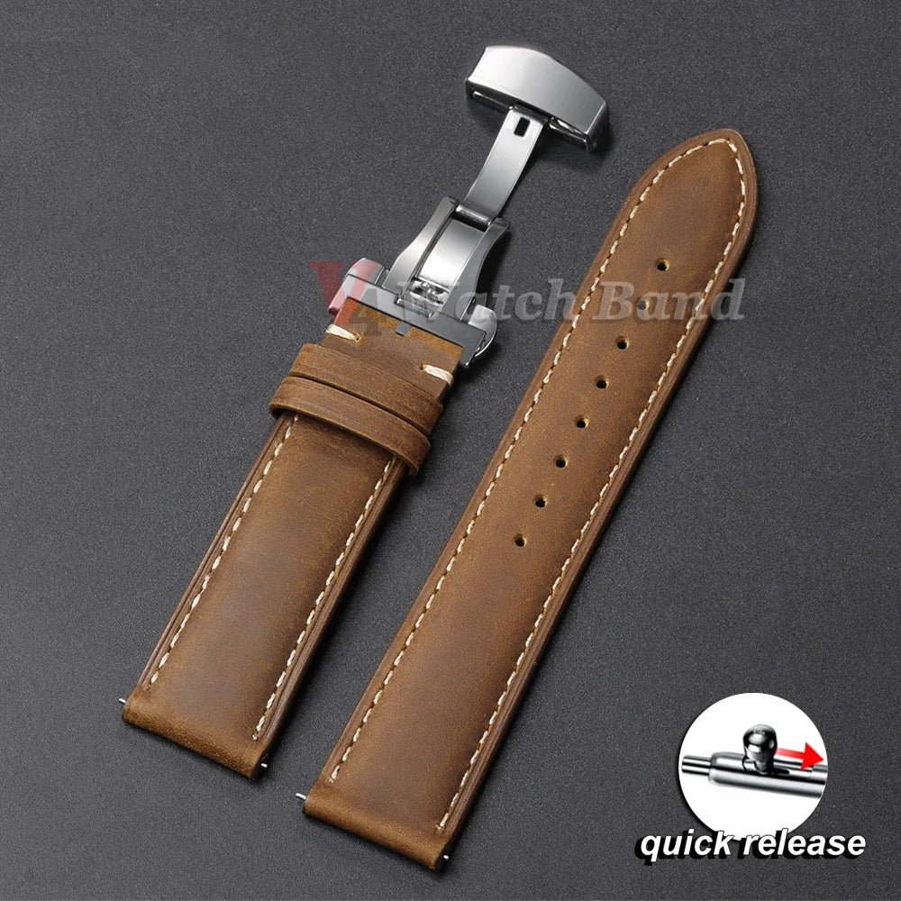 Genuine Leather Watch Band with Butterfly Buckle - 18/20/22mm Options