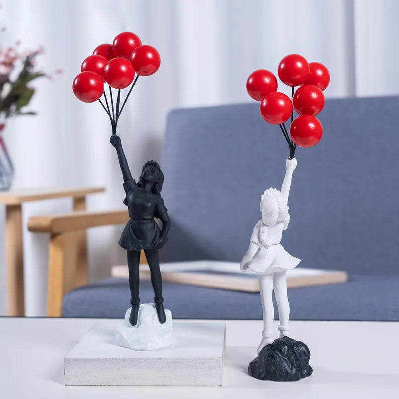Charming Resin Girl Figurine with Balloons - Modern Home Decor