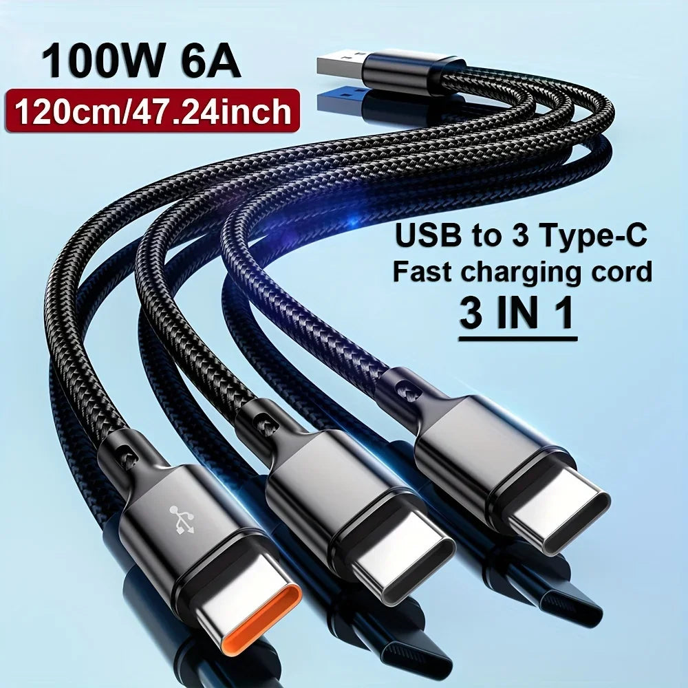 3-in-1 USB-C 100W Fast Charging Data Cable for Samsung & Xiaomi