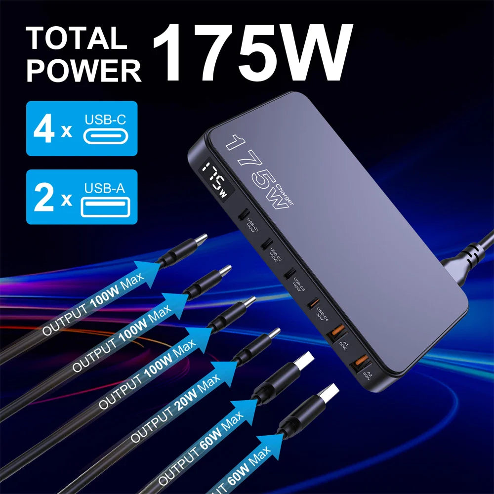 Ueetop 175W GaN USB C Charger with LED Display - 6 Fast Charging Ports