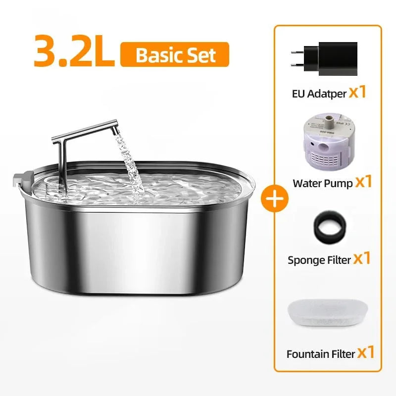 ROJECO Automatic Stainless Steel Cat Water Fountain - 3.2L Dispenser