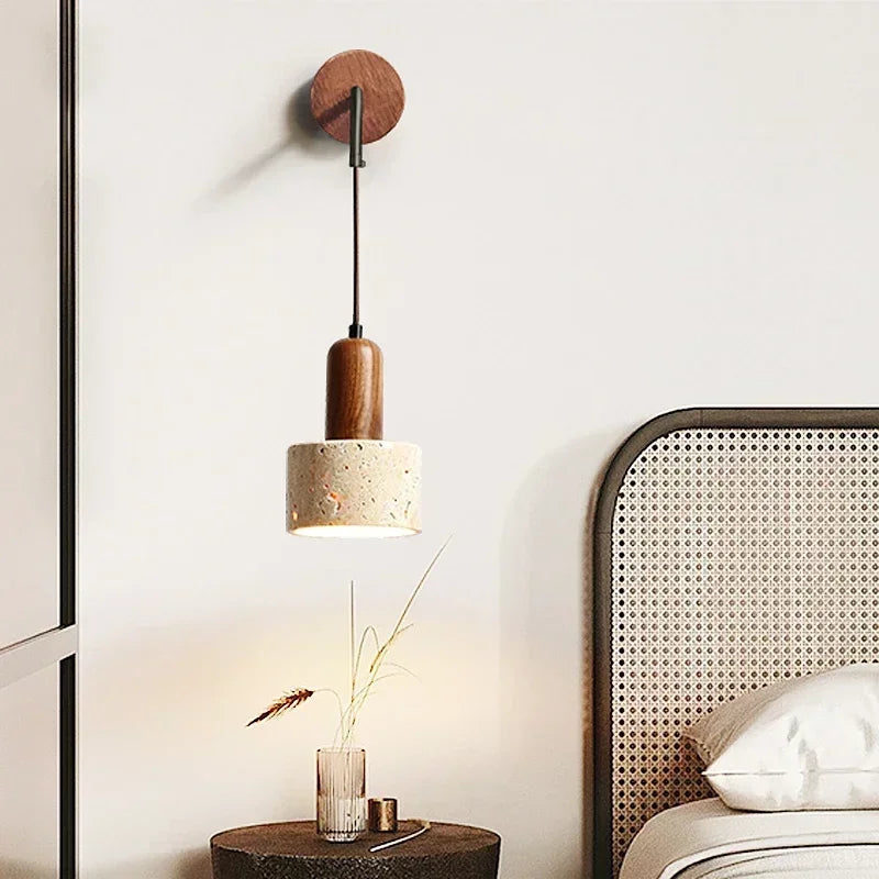 Wabi Sabi Natural Stone Wall Lamp - Retro Peach Wood LED Sconce