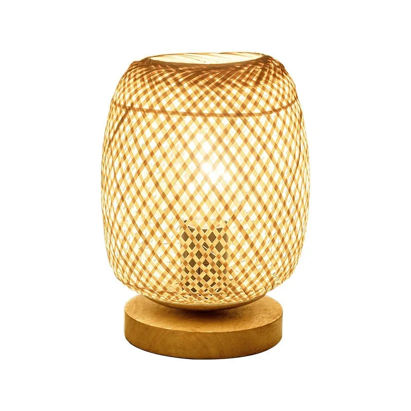Handcrafted Bamboo Woven Table Lamp with Wooden Base - Modern Night Light