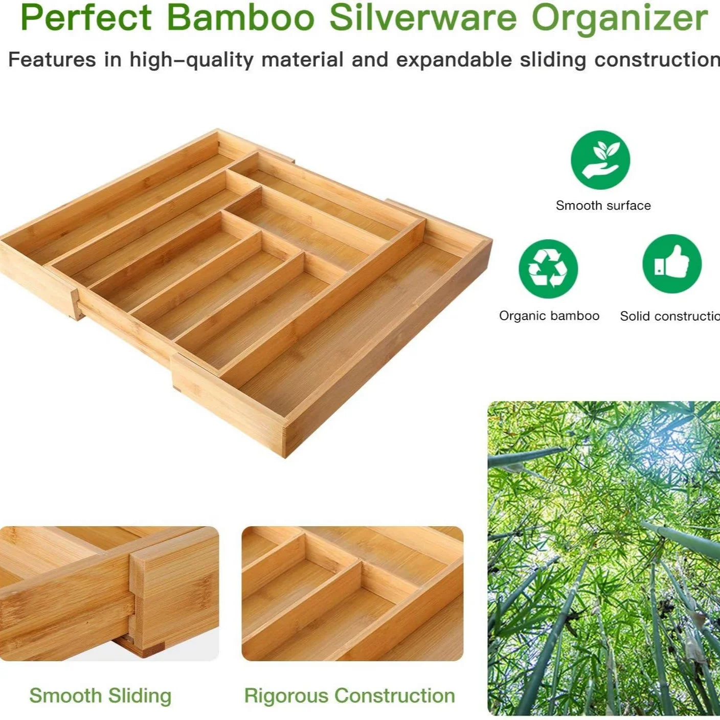 Eco-Friendly Adjustable Bamboo Drawer Organizer for Kitchen & Home