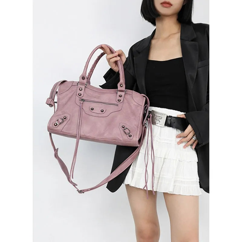 Y2K Vintage Dusty Pink Motorcycle Style Crossbody Bag for Women