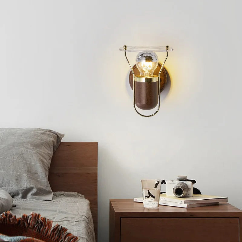 Antique Retro Walnut LED Glass Wall Lamp - Creative Bedroom Light