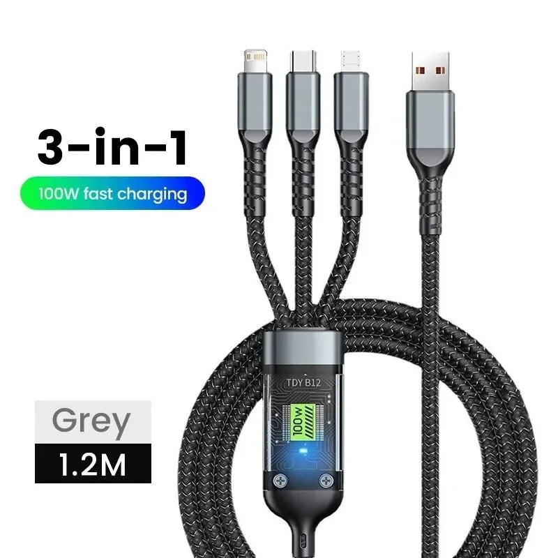 100W 3-in-1 Fast Charging Cable: USB Type-C & Micro for All Devices