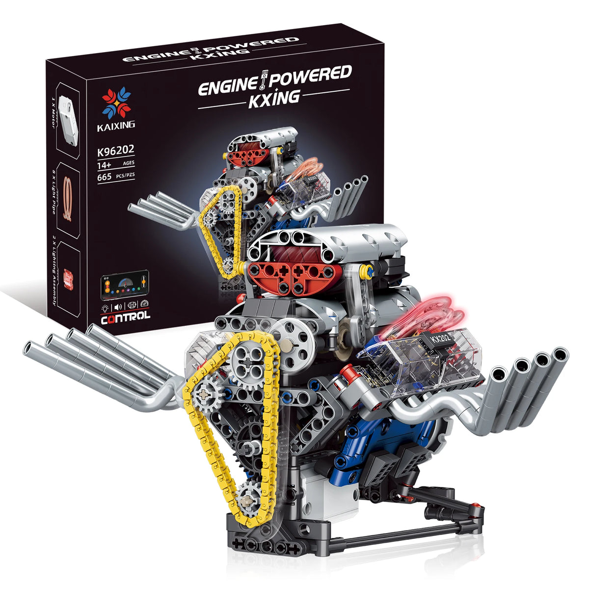 665-Piece V8 Engine Building Block Set with LED Lights | Creative Assembly Toy